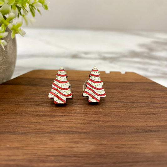 Wooden Stud Earrings - Christmas - Tree Cake