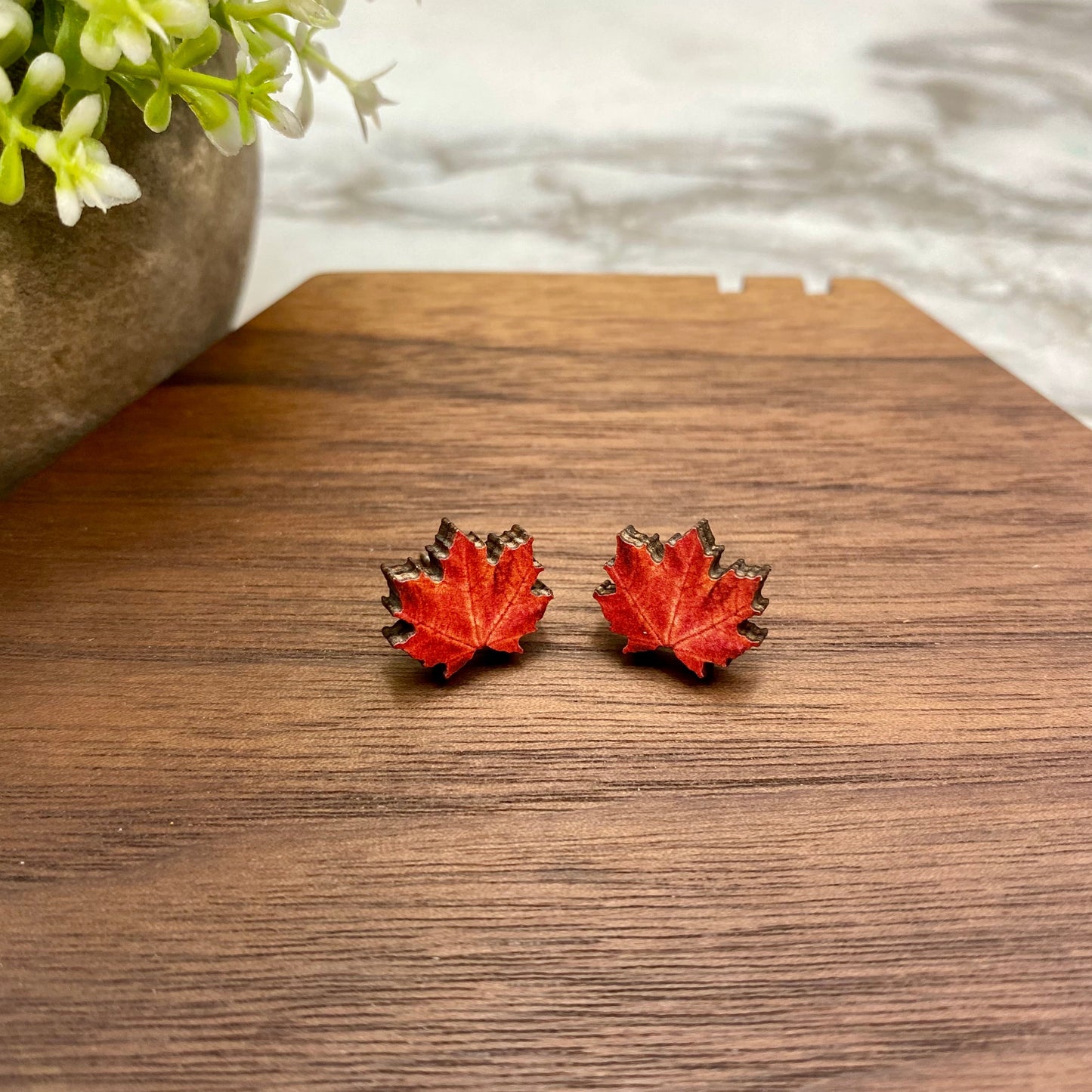 Wooden Stud Earrings - Fall - Red Leaf