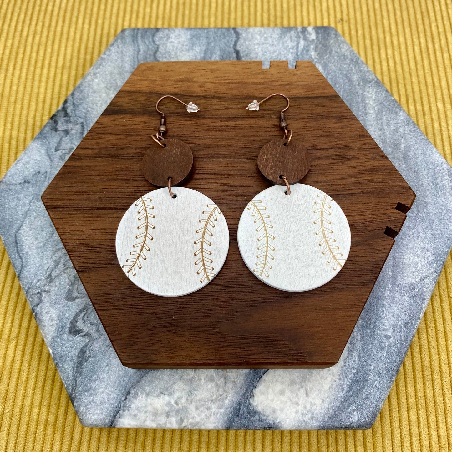 Wooden Dangle Earrings - Baseball