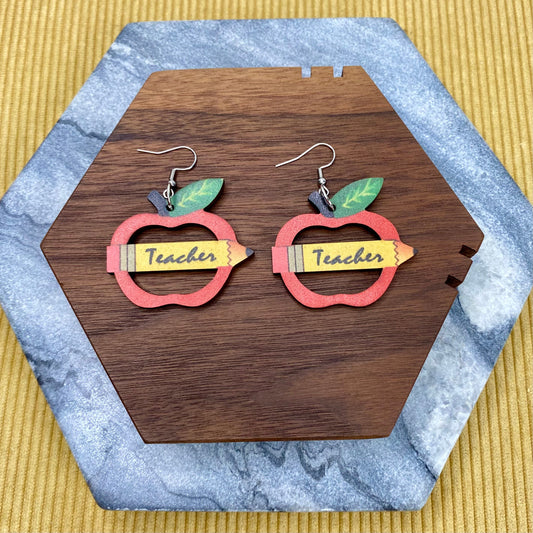 Wooden Dangle Earrings - Teacher - Apple Pencil Cutout