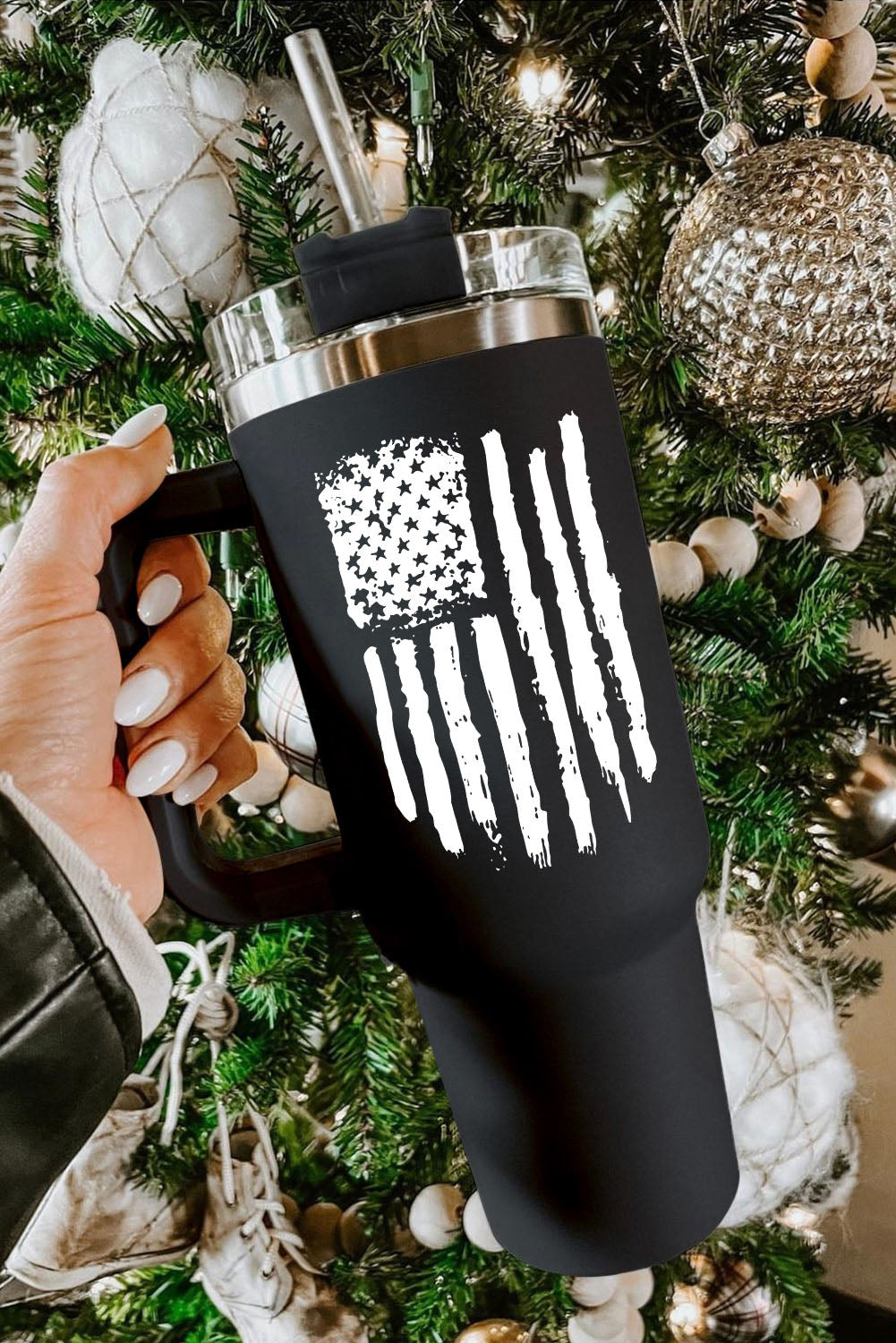 40oz American Flag Print Stainless Steel Tumbler Mug with Handle