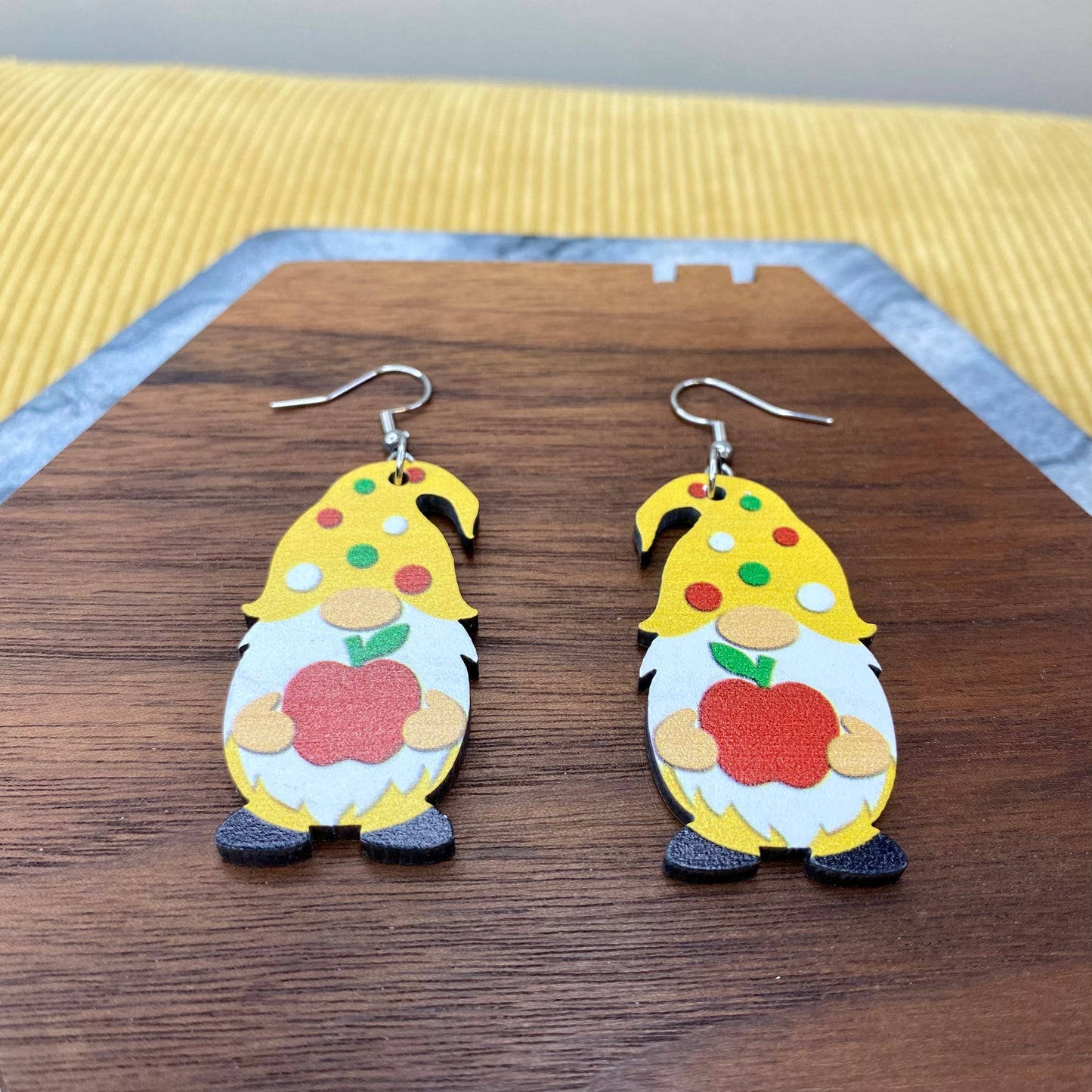 Wooden Dangle Earrings - Teacher Gnome Apple