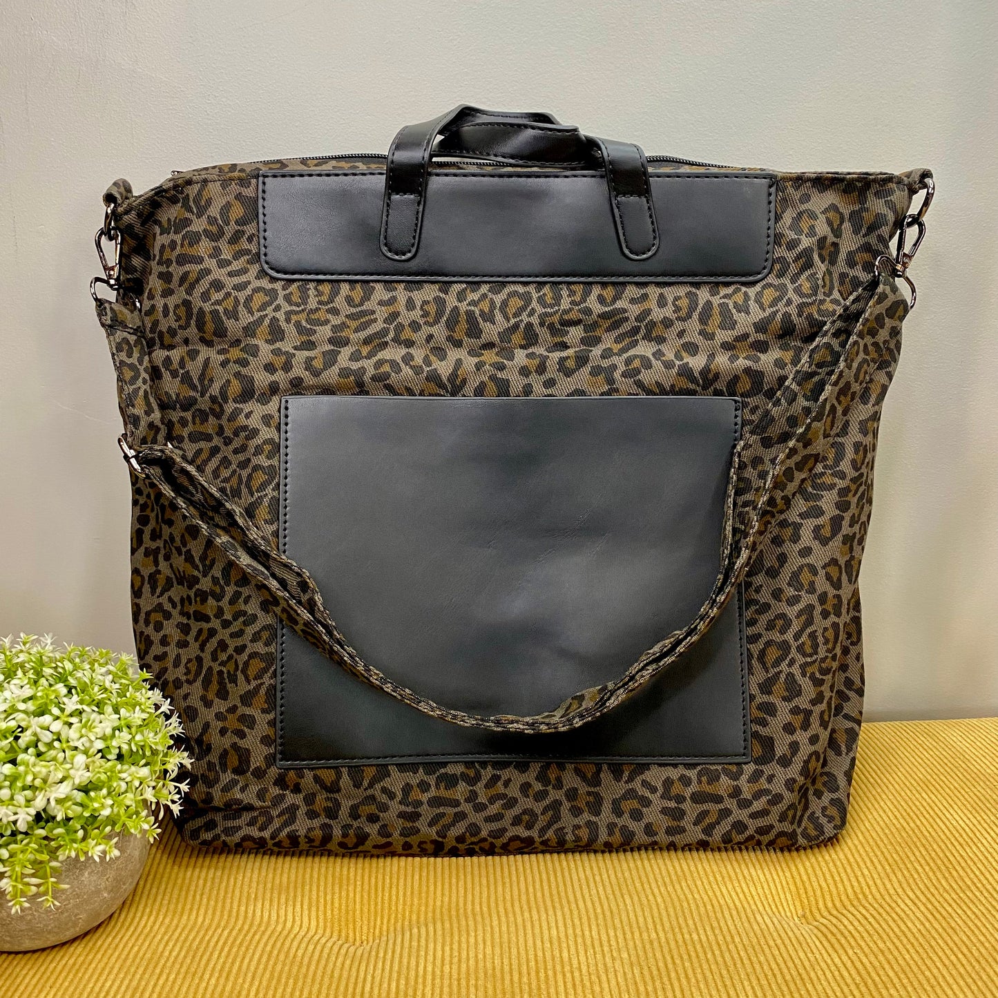 Tote Briefcase Bag - Black & Animal Print