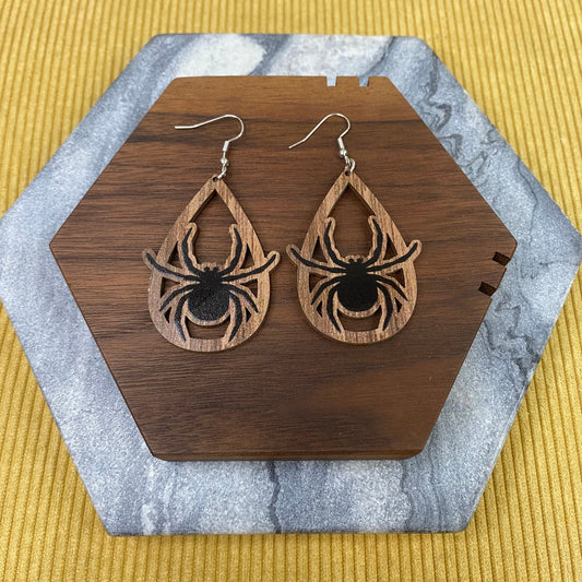 Wooden Teardrop Cutout Earrings - Halloween Spider