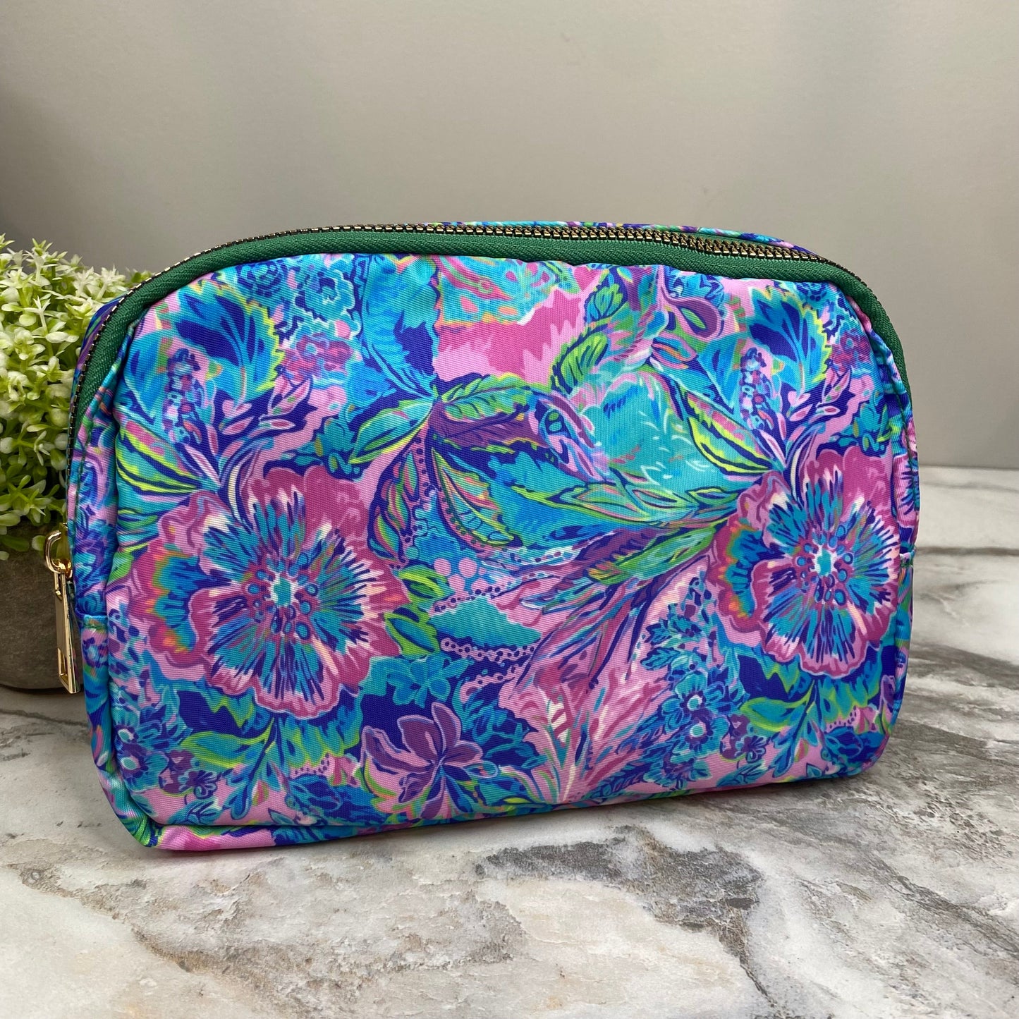 Nylon Belt Bag - Crossbody + Fanny - Floral Blue Green Light Purple