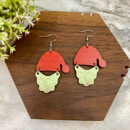 Wooden Dangle Earrings - Christmas - Santa Hat & Beard