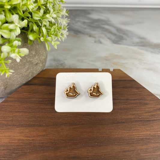 Wooden Stud Earrings - Sailboat