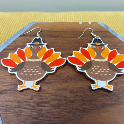 Wooden Dangle Earrings - Fall - Turkey with Hat