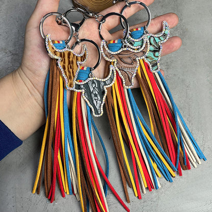 Rhinestone Bull Keychain with Tassel