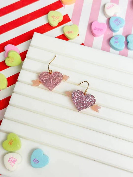 PREORDER: Acrylic Glitter Bow & Arrow Heart Dangle Earrings