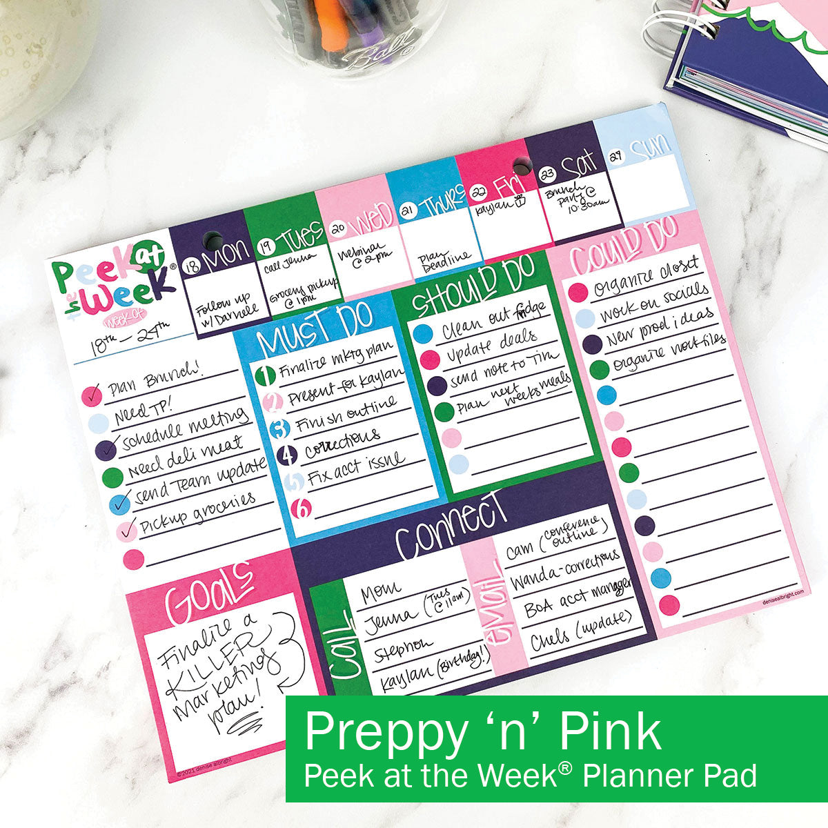 Peek at the Week® | Weekly Planner Pad | Checklists, Priorities, Dry Erase Backer - Denise Albright® 