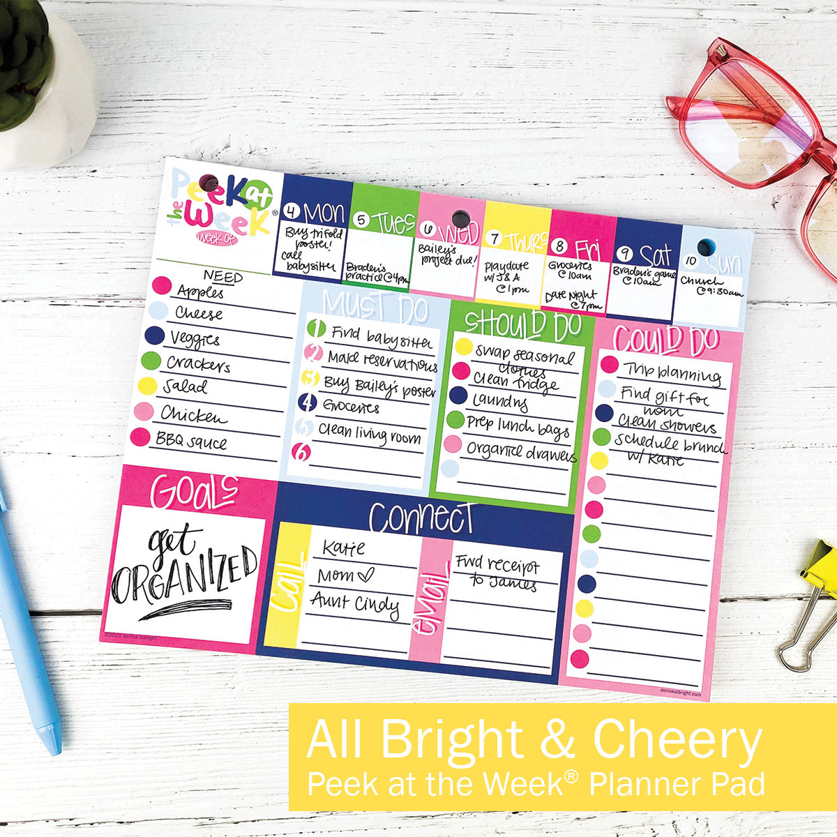 Peek at the Week® | Weekly Planner Pad | Checklists, Priorities, Dry Erase Backer - Denise Albright® 