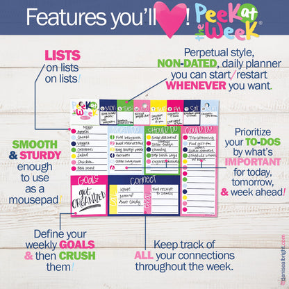 Peek at the Week® | Weekly Planner Pad | Checklists, Priorities, Dry Erase Backer - Denise Albright® 