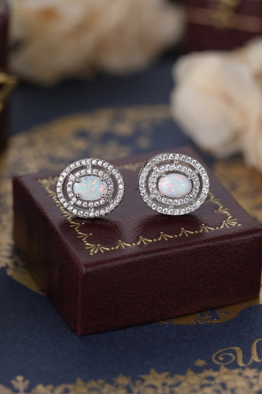 925 Sterling Silver Opal Round Stud Earrings